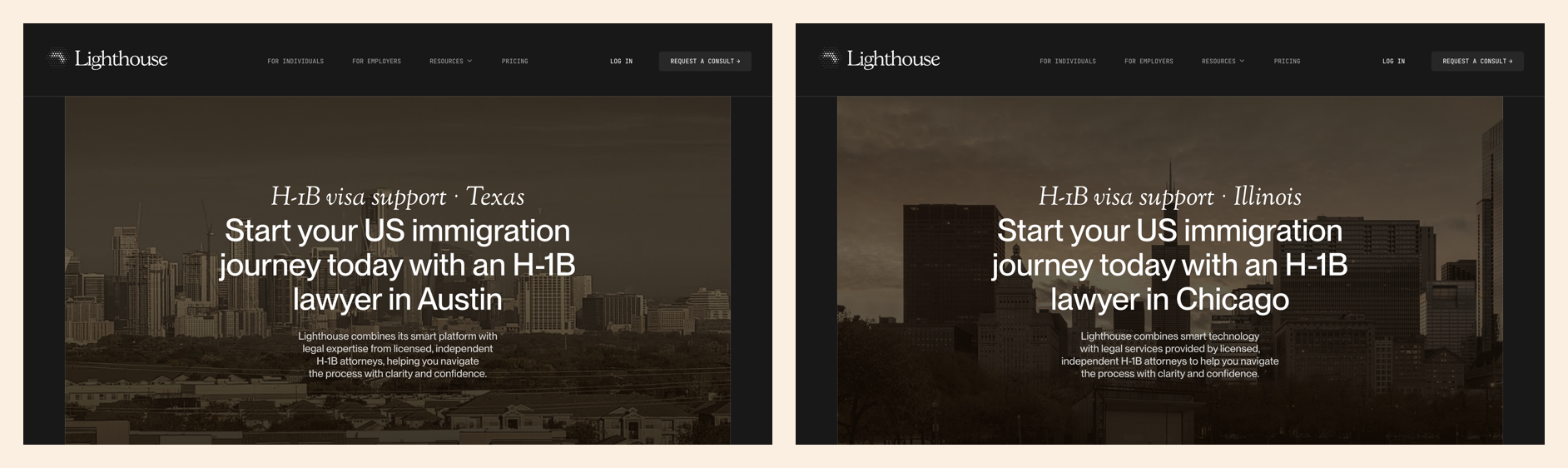 Two of Lighthouse's location-based H-1B lawyer pages, for Austin, Texas and Chicago, Illinois, each with a localized hero.